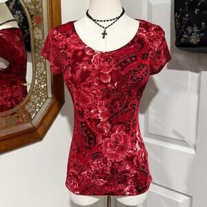 VTG Y2K Susan Lawrence Red & Black Floral Paisley Romantic Slinky Vampy Top S